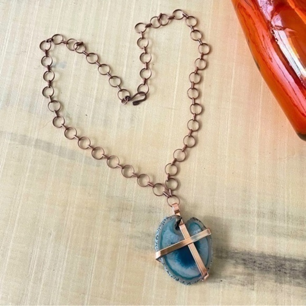 Handmade Copper Wrapped Agate Blue Green Pendant Necklace Chain Cross Artisan